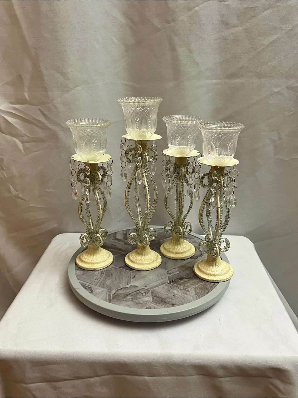 Set of 4 Ornate Beaded Glass Votive Candle Holders Ivory Gold 12”